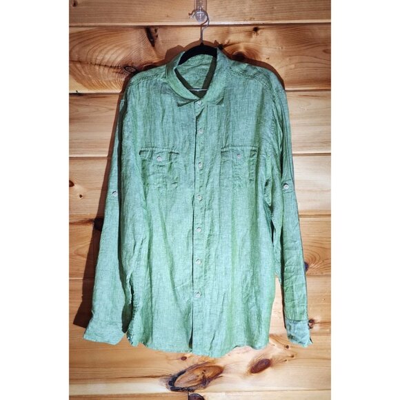 Ocean & Coast Men’s XL 100% Green Linen Button Up Shirt Rolled Long Sleeve - Picture 4 of 9